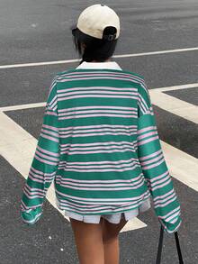 Muchica Plus Size Striped Lapel Loose Sweatshirt In Fall/Winter - Green - View 2