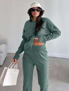 EURMUSE Women's Casual Solid Color Top And Pants 2 Pieces Set, Autumn - Mint Green - View 4