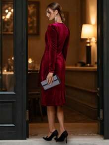 Balvessa 天鹅绒交叉裹身裙 酒红色 长款女装 - 酒紅色 - 查看 2