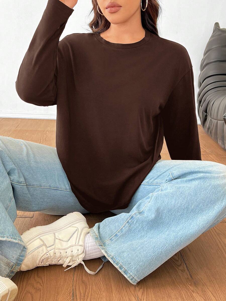 SHEIN EZwear Plus Size Loose Fit Drop Shoulder Crew Neck T-Shirt, Plus Size, Chocolate Brown/Winter