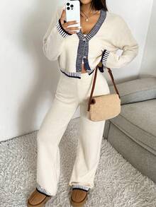 EURMUSE Women's Casual Contrast Trim Cardigan And Knit Pants 2 Pieces Set, Autumn/Winter - White - View 13