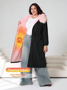 Solflare 2025 秋冬新款休闲户外、派对、约会、度假多场合百搭长款粉色人造毛皮衬里大毛领收腰连帽长款保暖大码棉服外套 - 彩色 - 查看 1