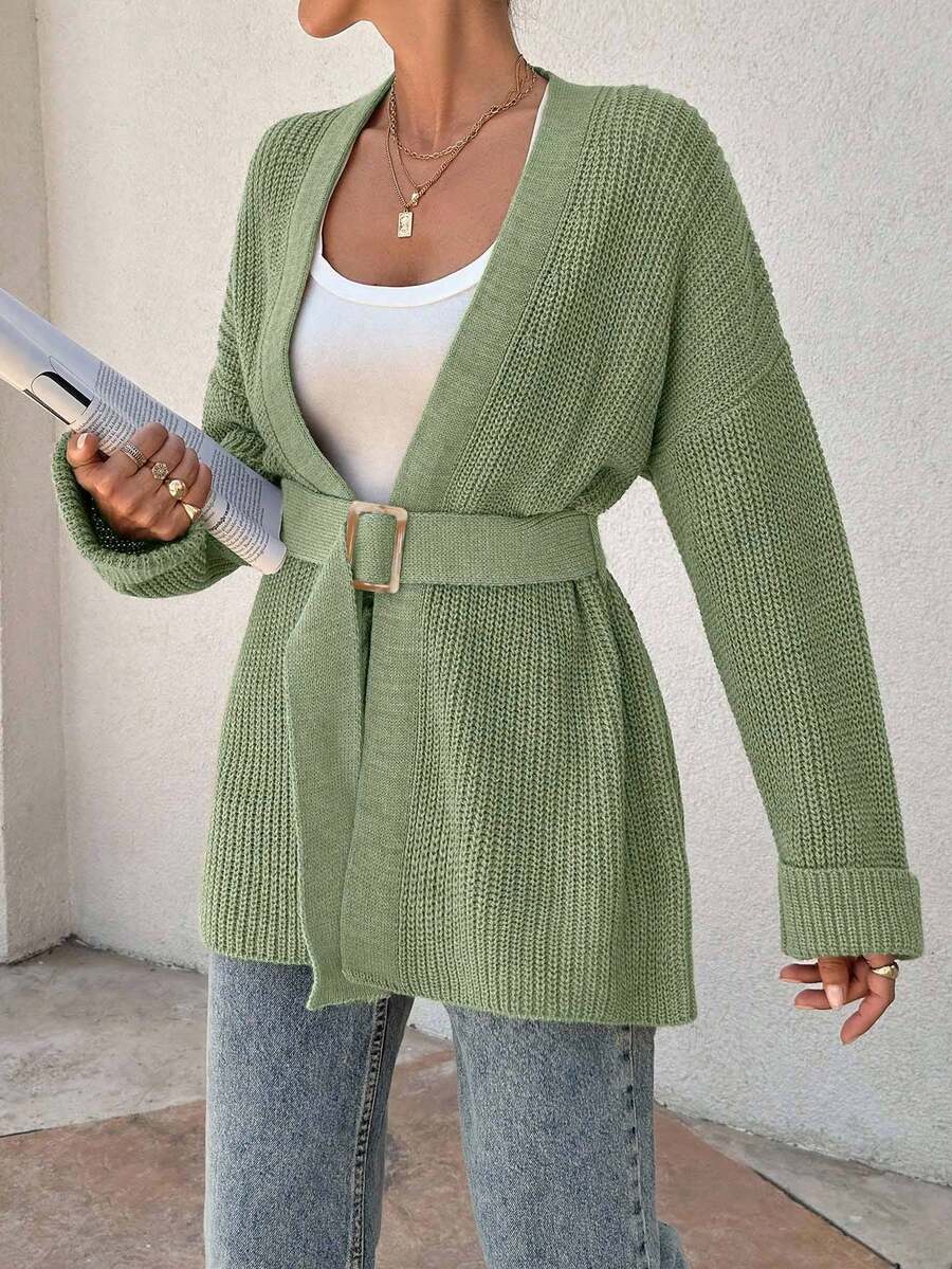 EURMUSE Women Oversize Asymmetric Shaped With Belt Detailed Rib Knitted Cardigan - Green - View 1