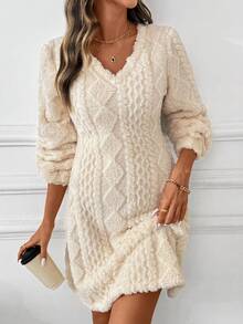 SHEIN Clasi 女式 V 领长袖针织弹力米色/杏色纹理面料优雅日常迷你连衣裙，秋冬 - 杏色 - 查看 8