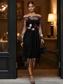 EMERY ROSE 女装时尚透明网眼钩针刺绣碎花露肩灯笼袖短款上衣 - 黑色 - 查看 5