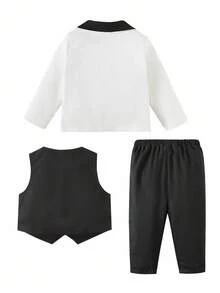 3pcs Baby Boy Gentleman Outfit Set: Colorblock Black & White Suit Jacket, Shirt, And Elastic Waist Pants - Multicolor - View 4