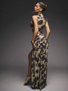 Hauture 杏色优雅性感无袖针织网眼印花连体裤蛇皮印花扭纹褶皱A字高开衩裙女式两件套 - 彩色 - 查看 3