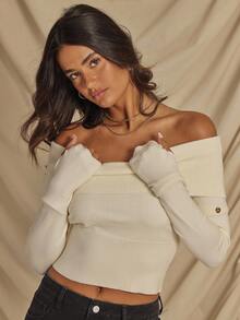 Aralina 秋冬露肩翻领针织长袖套头衫，带拇指孔和可拆卸袖子，可爱舒适的女士外出上衣，适合圣诞节和新年穿着，乡村风格 - 杏色 - 查看 1