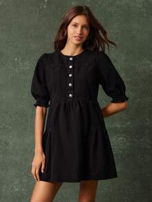 WESTFADE 圆领纽扣前褶泡泡袖修身喇叭棉混纺牛仔迷你连衣裙，休闲可爱西部风女装，波西米亚风，秋季，秋季，冬季 - 黑色 - 查看 5