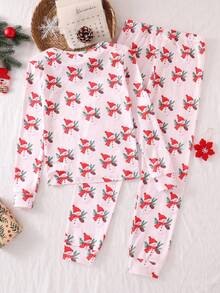 Girls' Pink Rabbit & Heart Pattern Long Sleeve Pajama Set - Pink - View 2