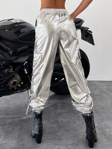 EURMUSE Solid Flap Pocket Side Elastic Waist Pants - Silver - View 3