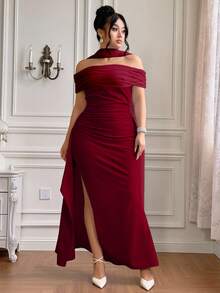 Roveilla Vestido elegante y fluido con hombros descubiertos, abertura y espalda descubierta para fiesta, talla grande para mujer