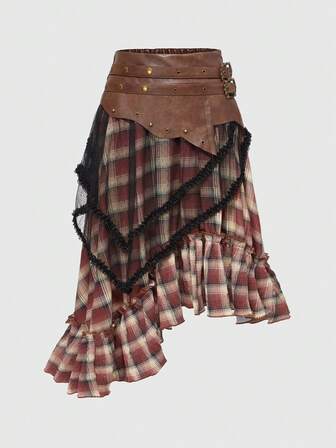 Grunge Punk Romantic Punk Brown PU Patchwork Plaid Mesh Multi-Layer Buckle Women Skirt