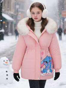 SHEIN Girls' Sweet Fur Collar Padded Coat, Waist Cinched Silhouette, Suitable For School, Casual Outings, Winter Coat - Pink - View 7