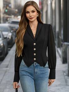 EMERY ROSE Blazer tulle a contrasto manica a sbuffo collo sciallato - nero - Visualizzare 1