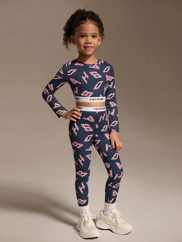 SHEIN Young Girls Colorful Graphic Print Long Sleeve Top And Pants Matching Set, Suitable For Gymnastics Training, Everyday Wear, And Casual Outings