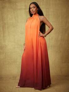 Vixey Ombre Print Chiffon Halter Neck Open Back Wide Leg Jumpsuit, Party Wear, Elegant
