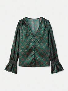 lacRébo 缎面花卉衬衫，V 领，荷叶边袖口，秋季女装，秋冬 - 彩色 - 查看 5