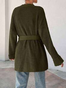 EURMUSE Women Oversize Asymmetric Shaped With Belt Detailed Rib Knitted Cardigan - Army Green - View 2