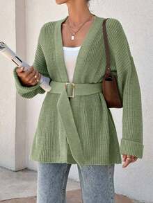 EURMUSE Women Oversize Asymmetric Shaped With Belt Detailed Rib Knitted Cardigan - Green - View 7