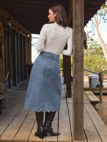 WESTFADE High Waist Scalloped Button Front Cotton Blend Denim A Line Midi Skirt Cute Fall, Casual, Autumn, Winter, Boho, Western Wear For Women, Country Concert - Medium Wash - View 3
