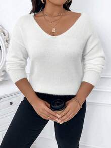 EMERY ROSE pull col V unicolore manches longues décontracté grande taille, pour l'hiver