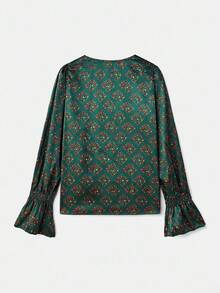 lacRébo 缎面花卉衬衫，V 领，荷叶边袖口，秋季女装，秋冬 - 彩色 - 查看 6