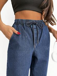 EURMUSE Solid Color Casual Drawstring Elastic Waist Jeans Pants - Dark Wash - View 5