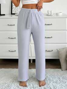EURMUSE Women 2 Pcs Rib Knit With Fake Drawstring Detail Homewear Soft Comfort Sleep Pants Set - Multicolor - View 4