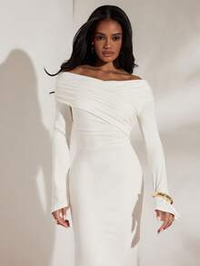 Opulessa Solid White Color V-Neck Long Sleeve Fitted Dress For Women, Vacation, Elegant Party Outfits, Luxury Evening Dresses For Weddings, Christmas , New Year, Thanksgiving Outfits, Winter Clothes, Rehearsal Dinner Dress White, Chic White Long Sleeve Dress