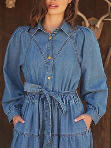 WESTFADE Collared Button Front Bow Tie Belted Waist Long Puff Sleeve Western Seamed Tiered Ruffle Cotton Blend Chambray Denim Midi Dress Fall, Autumn, Winter - Medium Wash - View 5