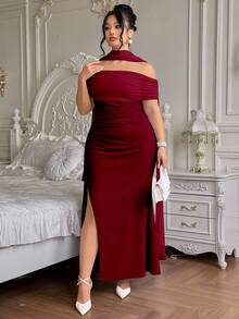 Roveilla Vestido elegante y fluido con hombros descubiertos, abertura y espalda descubierta para fiesta, talla grande para mujer