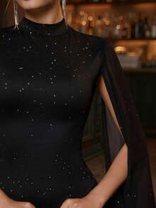Balvessa Crew Neck Sparkly Foil Patchwork Fitted Women Dress Fall Cloth For Women - Black - View 5