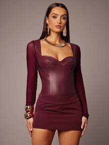 Silquee 女式纯色拼接PU皮革心形领长袖紧身衣，秋季 - 酒紅色 - 查看 7