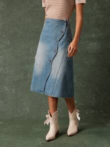 WESTFADE High Waist Wavy Button Front Cotton Blend Denim Wrap Midi Skirt Casual Cute Country Western Wear Fall Boho - Light Wash - View 4
