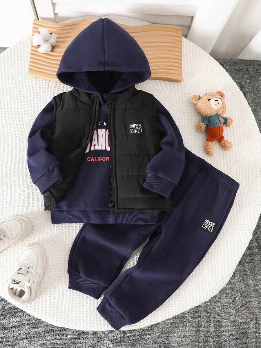 3pcs Baby Boy Landmark Print Hooded Sweatshirt Set With Vest Jacket, Suitable For Autumn/Winter, Black Set With Black Vest Is Versatile Baby Boy Winter Sets Baby Boy Tracksuit Baby Boy Hoodie Set Baby Boy Casual Set Baby Set Autumn Winter Season