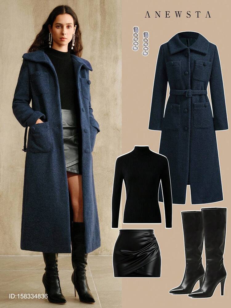 Women's Long Waist-Cinched Oversized Pocket Luxurious Elegant Versatile Fashion Overcoat, Suitable For Autumn, Fall, Winter, Going Out, Formal, Party, Chic, New Year, Christmas, Work, Graduation, Wedding