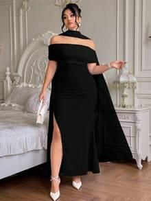 Roveilla Plus Size Women's New Elegant Flowy Off Shoulder Split Fitted Romantic Party Backless Dress, Suitable For Party And Daily Wear