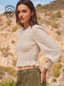 Áo peplum xếp nếp, cổ tròn, tay dài, họa tiết caro, phối vải cotton pha trộn, khoét lưng, xẻ tà, thường ngày, dễ thương, phong cách Boho, mùa thu, mùa đông, hòa nhạc đồng quê, trang phục phương Tây dành cho nữ - Nhiều màu - Xem 1