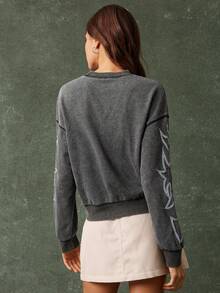 WESTFADE 水洗棉混纺法式毛圈布圆领西部刺绣长袖宽松卫衣，休闲可爱，适合秋季穿着，波西米亚风，秋冬季皆宜。 - 黑色 - 查看 2