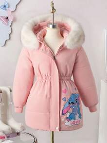SHEIN Girls' Sweet Fur Collar Padded Coat, Waist Cinched Silhouette, Suitable For School, Casual Outings, Winter Coat - Pink - View 4