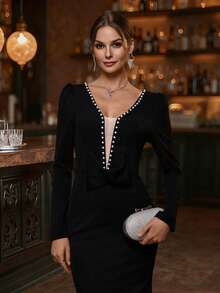 EMERY ROSE 优雅浪漫 V 领串珠蝴蝶结腰 A 字型女式派对连衣裙 - 黑色 - 查看 5