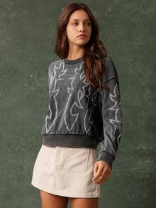 WESTFADE 水洗棉混纺法式毛圈布圆领西部刺绣长袖宽松卫衣，休闲可爱，适合秋季穿着，波西米亚风，秋冬季皆宜。 - 黑色 - 查看 5