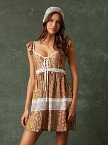 WESTFADE Vestido curto babydoll com decote em coração e patchwork de renda floral, estilo espartilho, amarração frontal, mangas esvoaçantes, lindo outono para mulheres, roupa para show country - Multicolorido - Ver 6