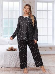 FairyFlirt Conjunto de Roupa de Estar Casual com Laço Floral Miúdo Preto e Branco em Plus Size, Adequado para Uso Interno e Externo, Roupas de Inverno - Preto - Visão 5