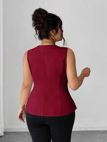 Elenzga 大码优雅纯色无袖V领衬衫 - 酒紅色 - 查看 2