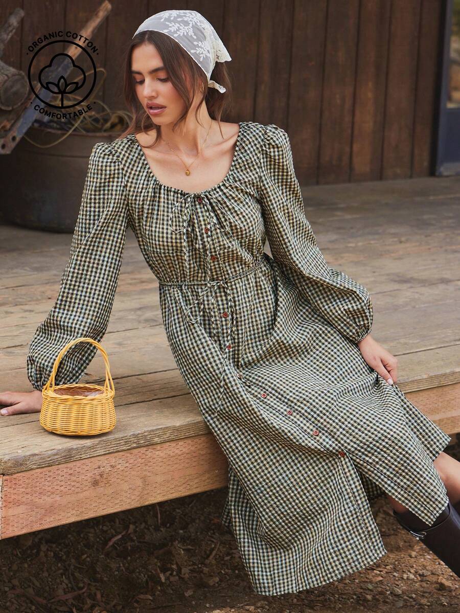 WESTFADE 棉混纺格子圆领蝴蝶结纽扣前开襟无袖宽松中长连衣裙，适合秋季、休闲女牛仔、秋季、秋季、波西米亚风、冬季、乡村音乐会、西部风女装 - 棕色 - 查看 1