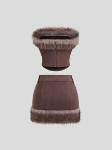 EgrlEra 女士时尚性感棕色绒面革抹胸上衣和人造毛皮饰边迷你裙两件套，适合派对和约会 - 棕色 - 查看 3