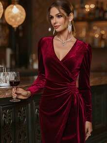 Balvessa 天鹅绒交叉裹身裙 酒红色 长款女装 - 酒紅色 - 查看 4