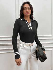 EURMUSE Striped Trim Polo Neck Ribbed Knit Sweater - Black - View 6